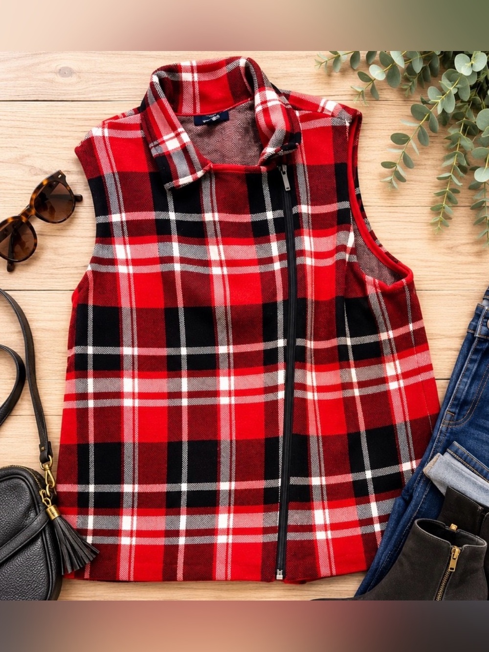 Chaps Plaid Asymmetrical Zip Sweater Vest Red Black White XXL
